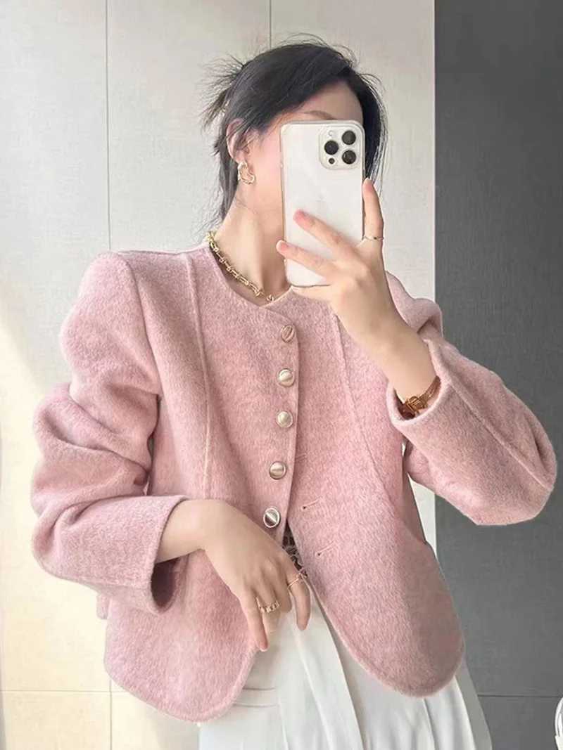 

AI NI YA Spring and Autumn New Women's Double sided Woolen Short Coat Solid Color Single breasted Versatile Casual Coat