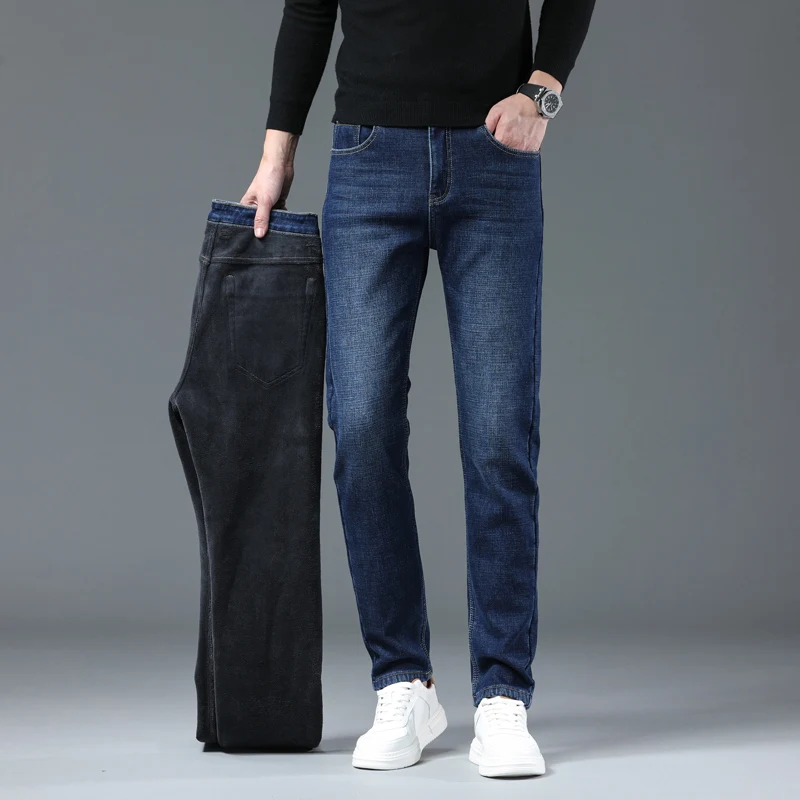 Pantalones vaqueros rectos de lana para hombre, pantalón informal, cómodo, grueso, cálido, a la moda, de terciopelo, para invierno