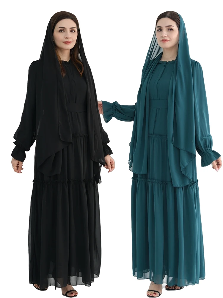 Ramadan Eid Chiffon Musulmano Modesto Khimar Abaya Set Dubai Turchia Islam Abito Abaya Per Le Donne Kebaya Caftano Robe Femme Musulmane