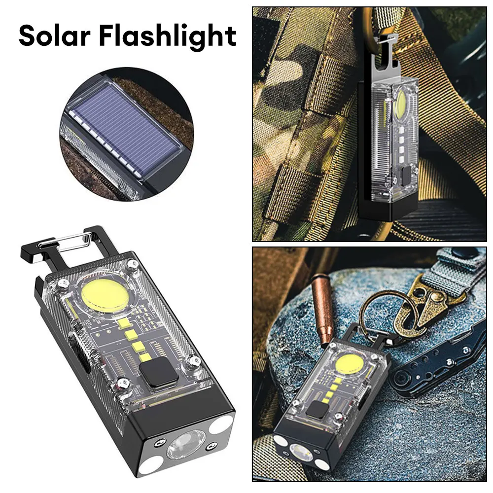 LED COB Keychain Light Solar Type-C USB Rechargeable Portable Flashlight Built in battery Waterproof for Power Outage Emergency