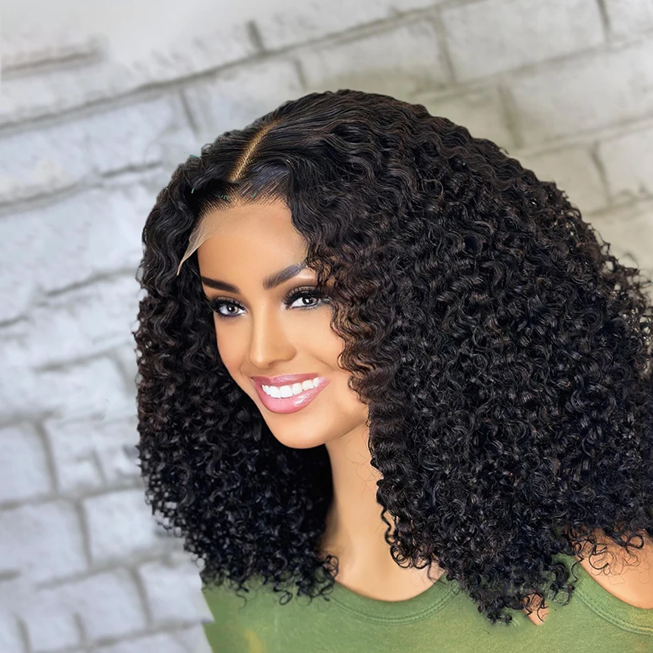 Soft 180Density Short Cut Bob Kinky Curly Natural Black Deep Lace Front Wig For Women With Baby Hair Glueless Preplucked Daily