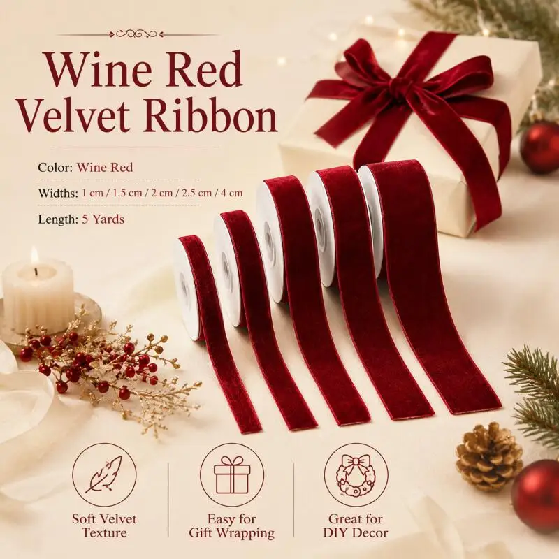 5 Yards 10/15/20/25/40mm einseitiges weinrotes Samt-Geschenkband für Weihnachts- und Feiertagsdekorationen – Detail 1