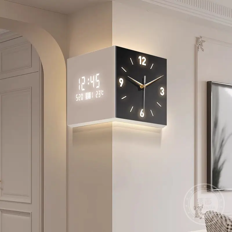 

Home Living room square corner wall clock without lamp plug-in model 2025 new calendar electronic clock black and white simple