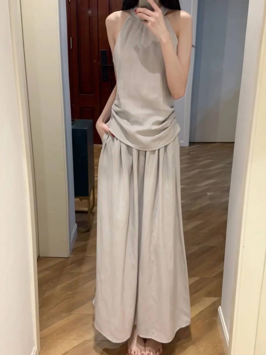 

Elegant Two-Piece Set Casual Pants Strap Top Outfit Summer Fashion Comfortable Cotton round Neck Vest Mid-Waist High Elasticity