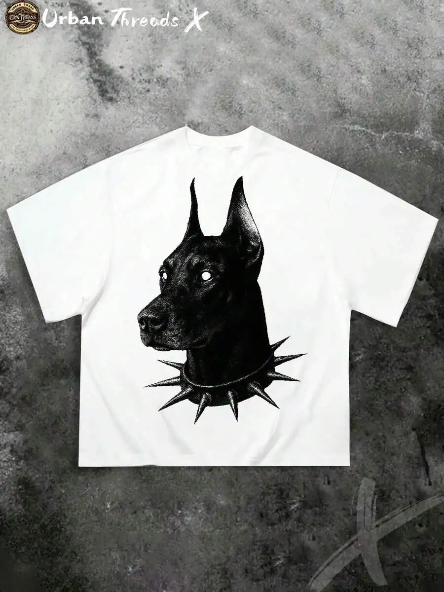Urban Threads X  Summer Pure Cotton T - Shirt, Doberman Portrait Print, 220g Elastic Crew Neck Short Sleeve