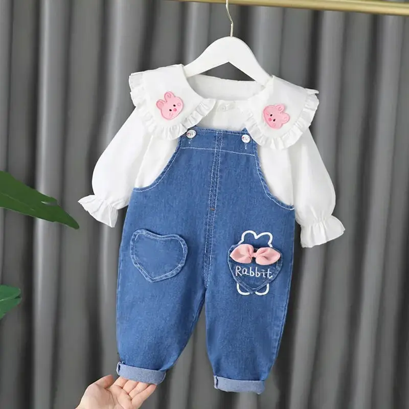 Cute Spring Autumn Children Cotton Clothes Baby Girls Suit fot cute top+ denim Pants 2Pcs/sets Out Kid Fashion Clothing sets