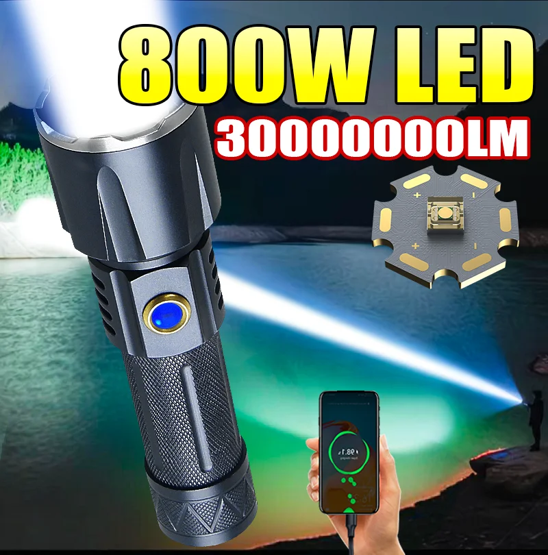 أقوى 800 واط مصباح ليد جيب 26650 السوبر مشرق التكتيكية الشعلة 3000000LM عالية الطاقة مصباح يدوي في الهواء الطلق الصيد العمل فانوس