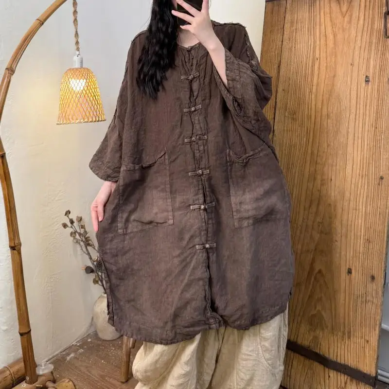 Summer New Arts Style Women Batwing Sleeve Loose Long Blouse High Quality Cotton Linen Single Breasted Gradient Vintage Shirt