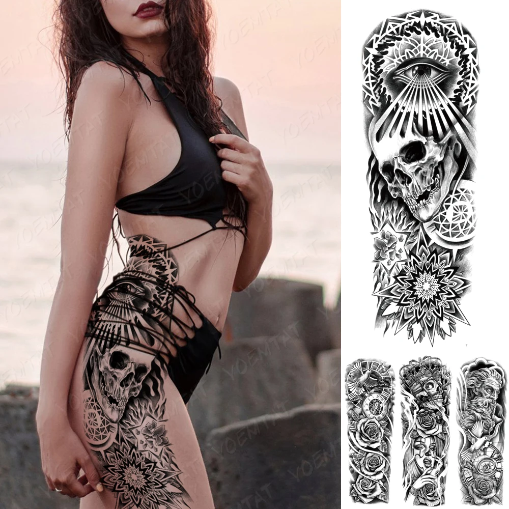 

Large Full Arm Sleeve Waterproof Temporary Tattoo Sticker Flash Flame Lotus Light Skull Eye Flower Body Art Fake Tato Men Women