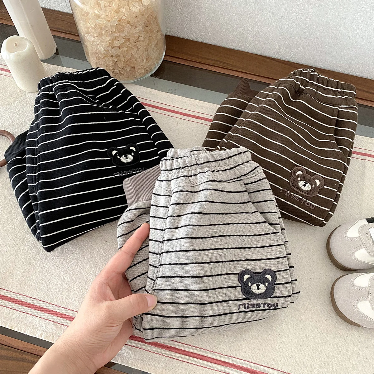 Winter Infants Boys Patns Versatile Ankle Cuffs Plush Thick Warm Striped Baby Boys Pants Cartoon Bear Toddler Boys Pants