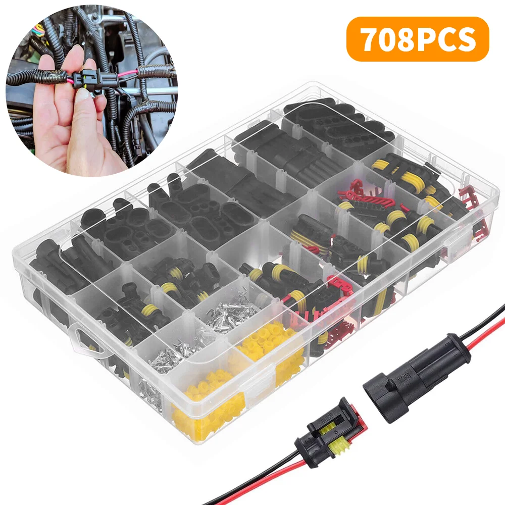 708Pcs Car Electrical Connector Terminals Waterproof Connectors Kit Automotive Wire Quick Connector Car Wiring Auto Seal Socket