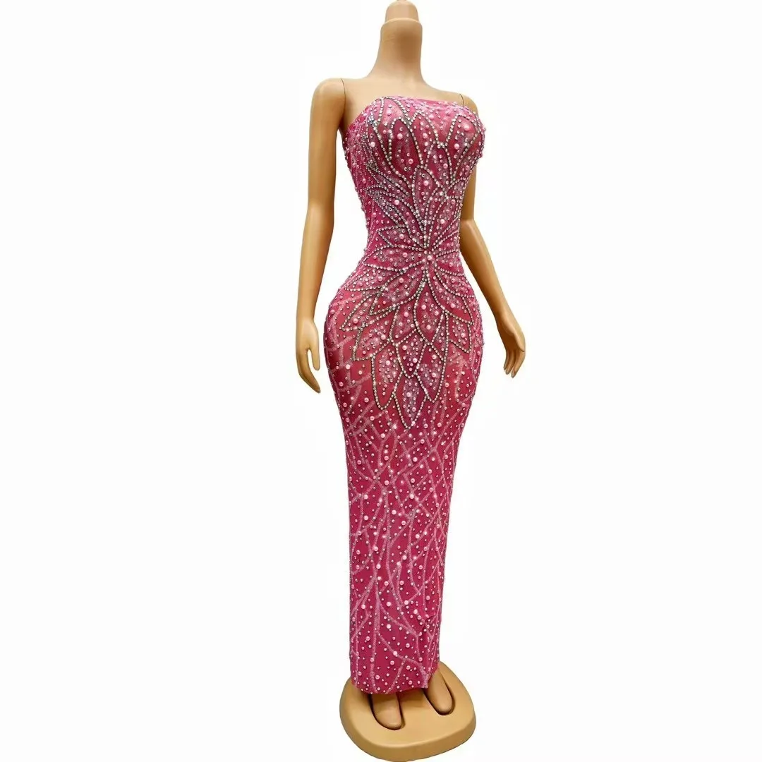 Women Sexy Stage Silver Rhinestones Crystals Sleeveless Pink Dress Stretchy Outfit Dance Stage Show Nightclub Photoshoot Costume