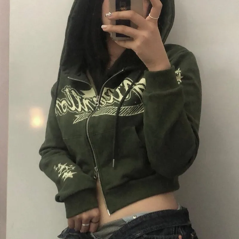 BIG PROMOTION  letter star print hoodie punk retro green zipper sweatshirt Y2K long sleeve stitch hoodie traf casual fashion str