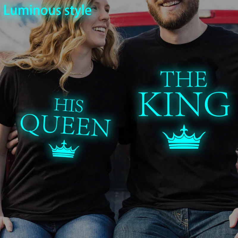 

The King His Queen Tshirt Vintage Fun Valentine's Day Gifts Short Sleeve Women Men Casual Couple Matching Luminous Style T-shirt