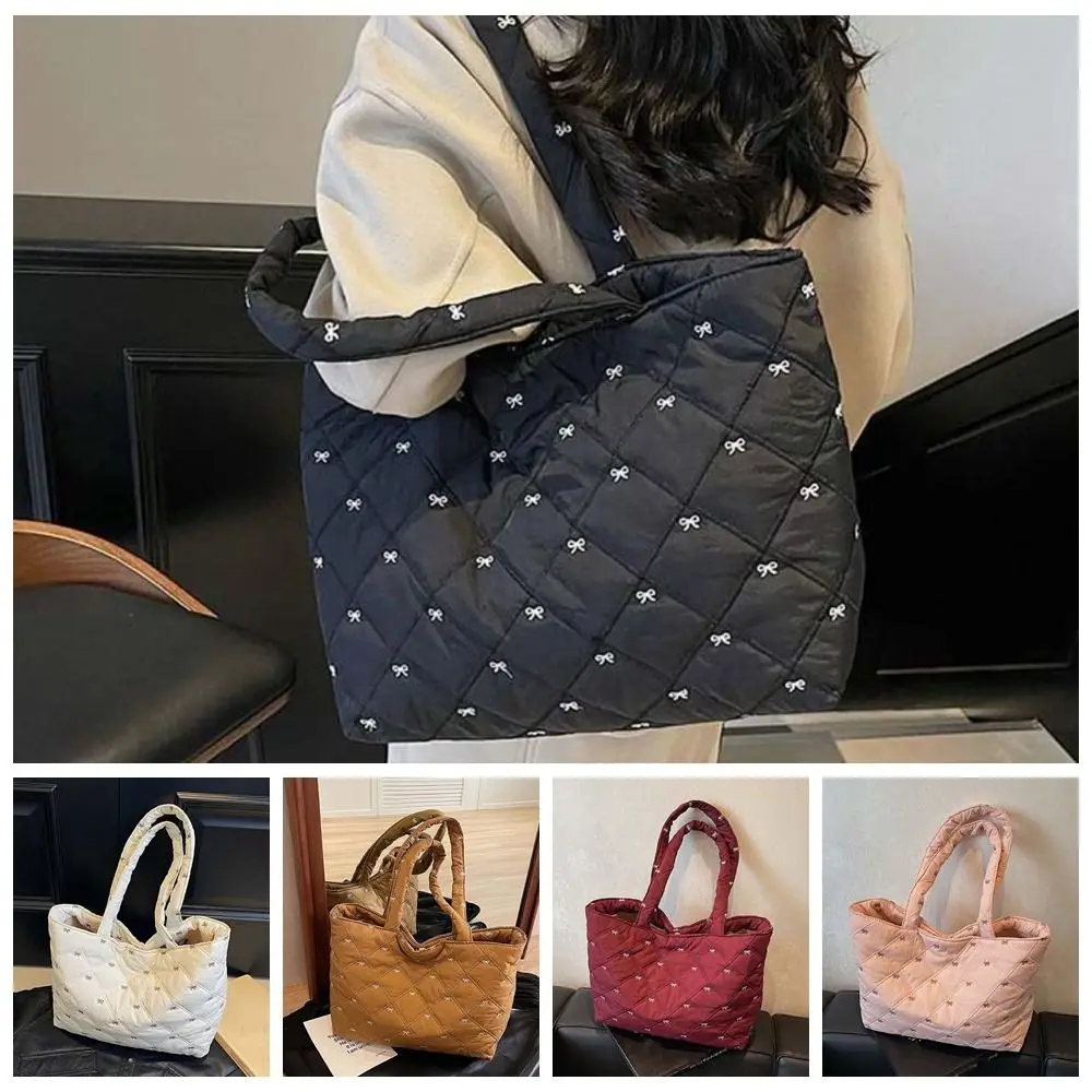 

Милая стеганая большая сумка, универсальная большая вместительная клетчатая сумка в виде ромба, корейский стиль, сумка через плечо с вышитым бантом и пузырьками, пляжная