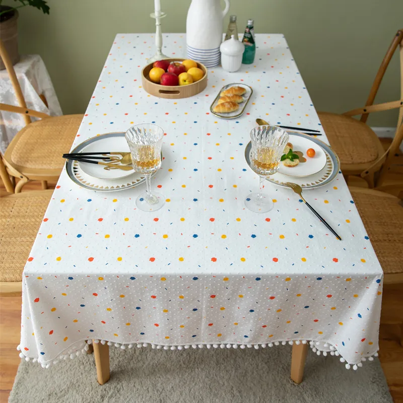 

French Cotton Graffiti Jacquard Geometric Dots Cut Flowers Wool Ball Rectangular Tablecloth Coffee Table Tablecloth Cover Napkin