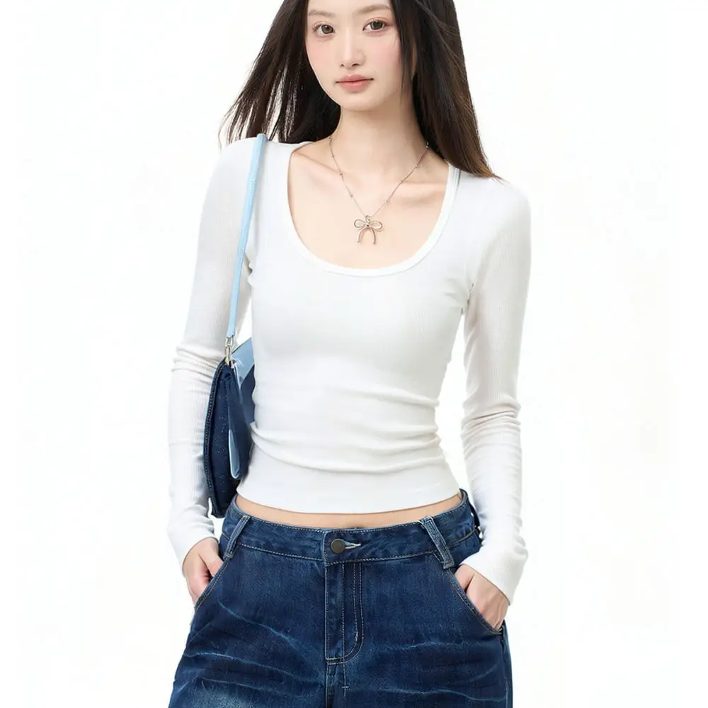Autumn Slim Fit Women Long Sleeve T Shirt Square Neck Base Layer Solid Color Casual Soft Comfortable Fashion Basic Top