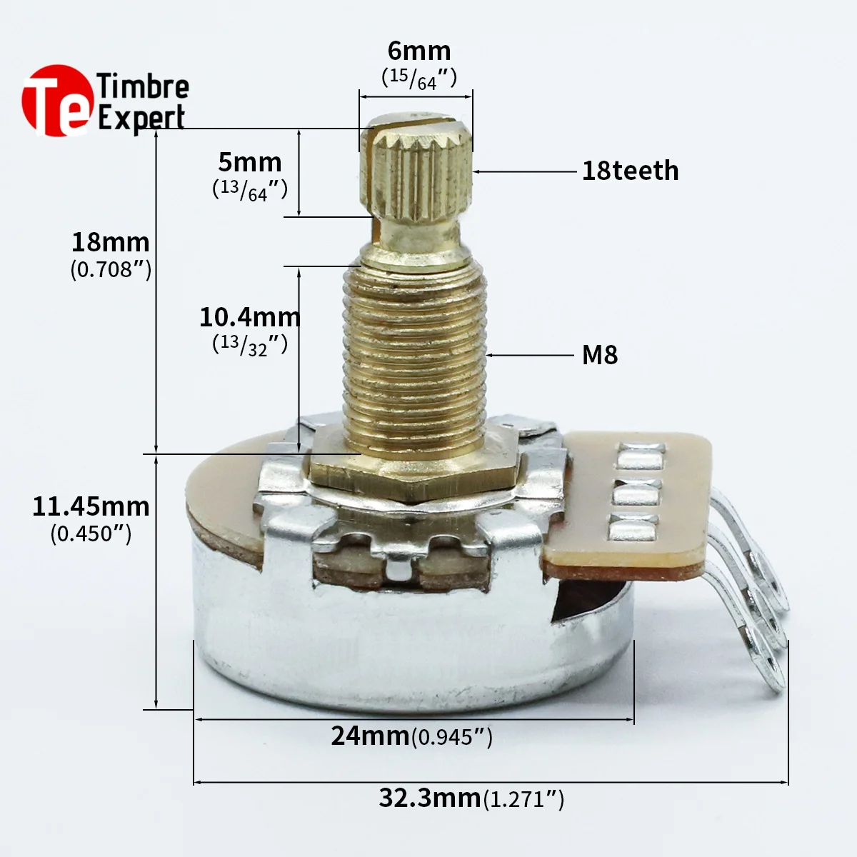 2Pcs Brass Potentiometer Long Shaft 18mm 18-teeth  A250K/B250K/A500K/B500K  For Electric Guitar and Bass Tone Volume Parts