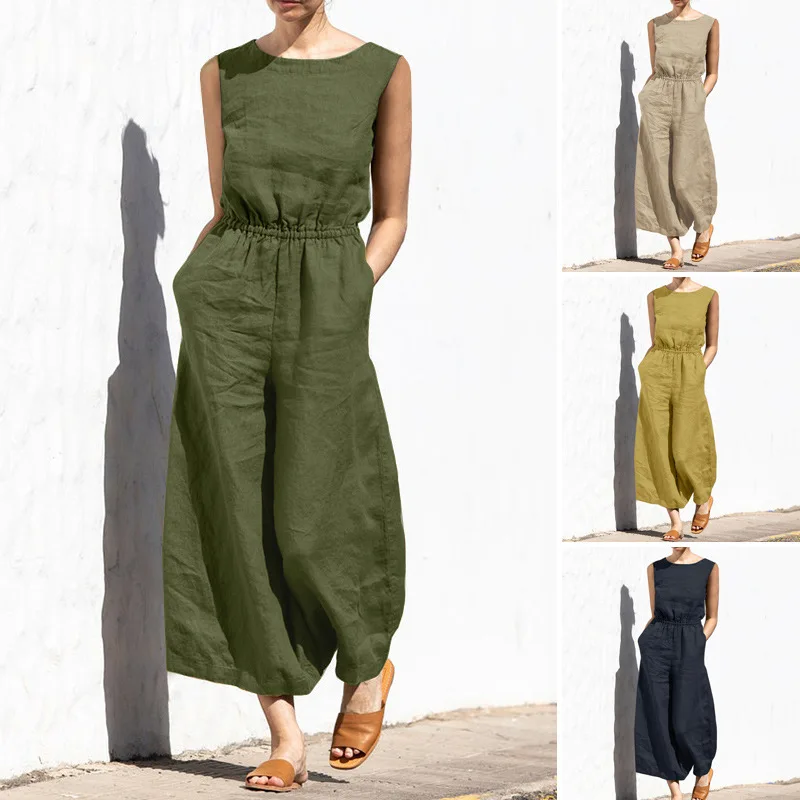 New Cotton And Linen Jumpsuit Women Solid Sleeveless Pocket High Waist Wide Legs Jumpsuits Casual Commuting Ladies Bodysuits