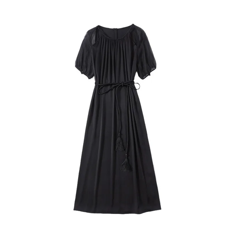 Vestido de seda Mulberry para mulheres solto e fino, temperamento preto, moda verão D41413