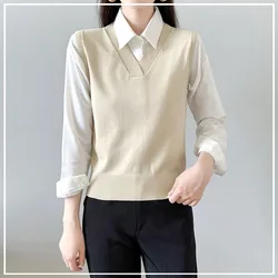 England Style Preppy Style Simple Clean Neat Sweet Youth Loose Fake Two Pieces Vest Sweater Women's Knitted Shirt Autumn 2024