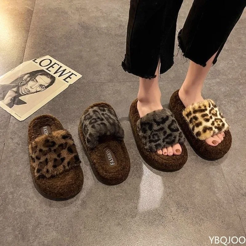 Autumn and Winter Fashion Home Women's Cotton Slippers with Leopard Print Thick Sole and Height Increasing Slippers for Women