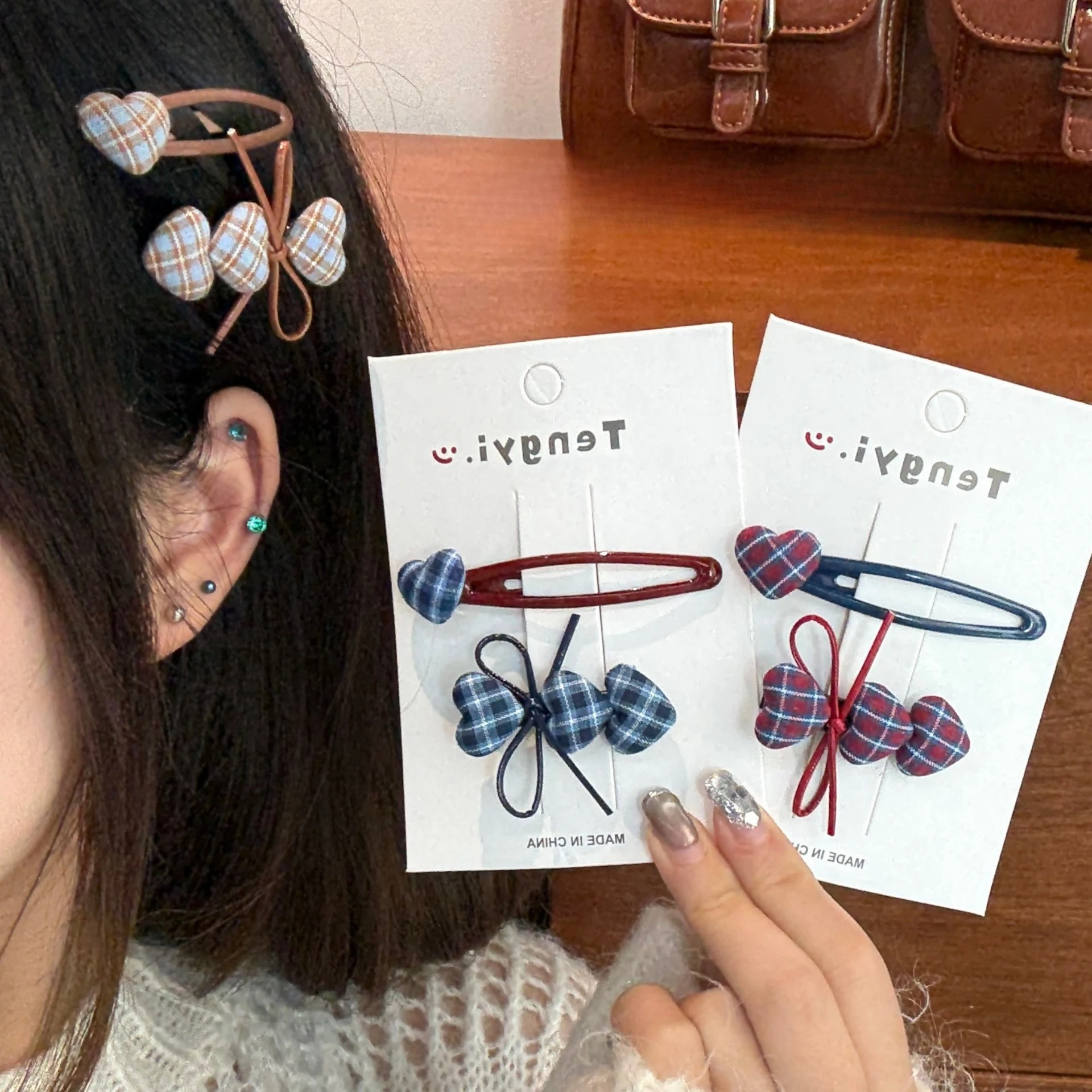 1Pcs Vintage Plaid Herz Haar Zubehör Set Nette Bogen Dekor Frauen Mädchen Täglich Casual Party Haar Dekoration Mode Haar clips – Detail 2