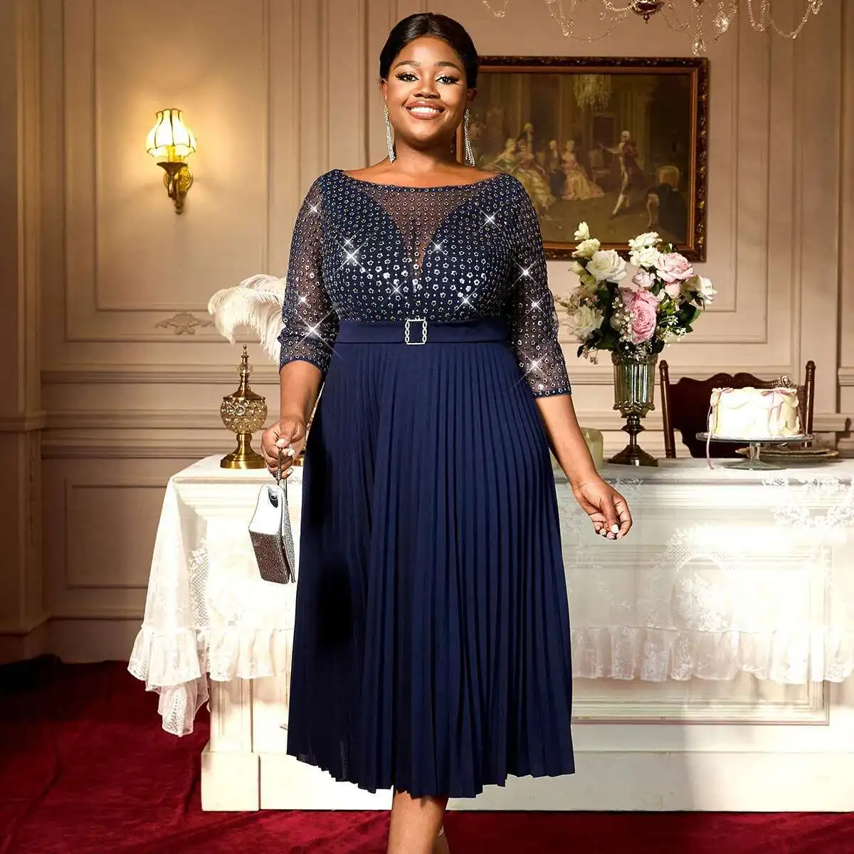 

Am050232twisted Silk Mixed Sequin Round Neck Pleated A-line Dress Graduation Dress 2025 Party Summer Elegantes Casual Y2k