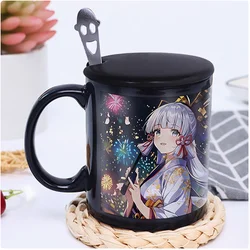 2025 Anime Game Genshin Impact Mug Cup Kamizato Ayaka Shenhe Eula Black Glazed Ceramic Coffee Water Cup Spoon + Cup + Lid Gift