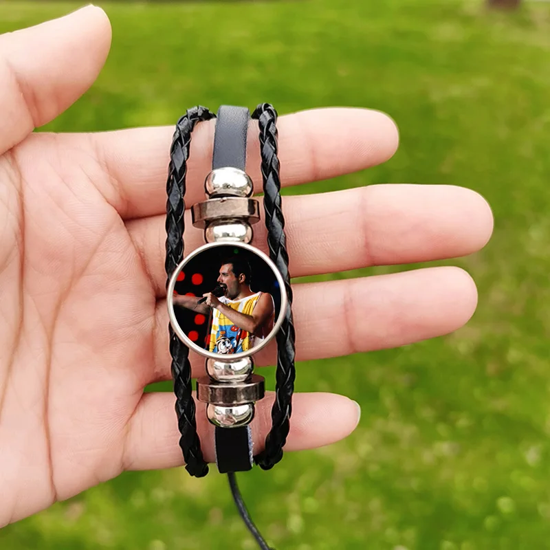 Hot Sale Freddie Mercury Bracelet Music Singer Pattern Glass Button Handmade Leather Bracelets Men Woven Wristband Fans Souvenir