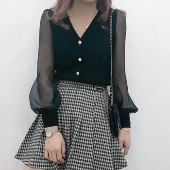 심플한 브이넥 긴팔 셔츠, 한국 패션, 오피스 레이디, 여성 의류, 캐주얼, 우아한 기질 상의, 용수철