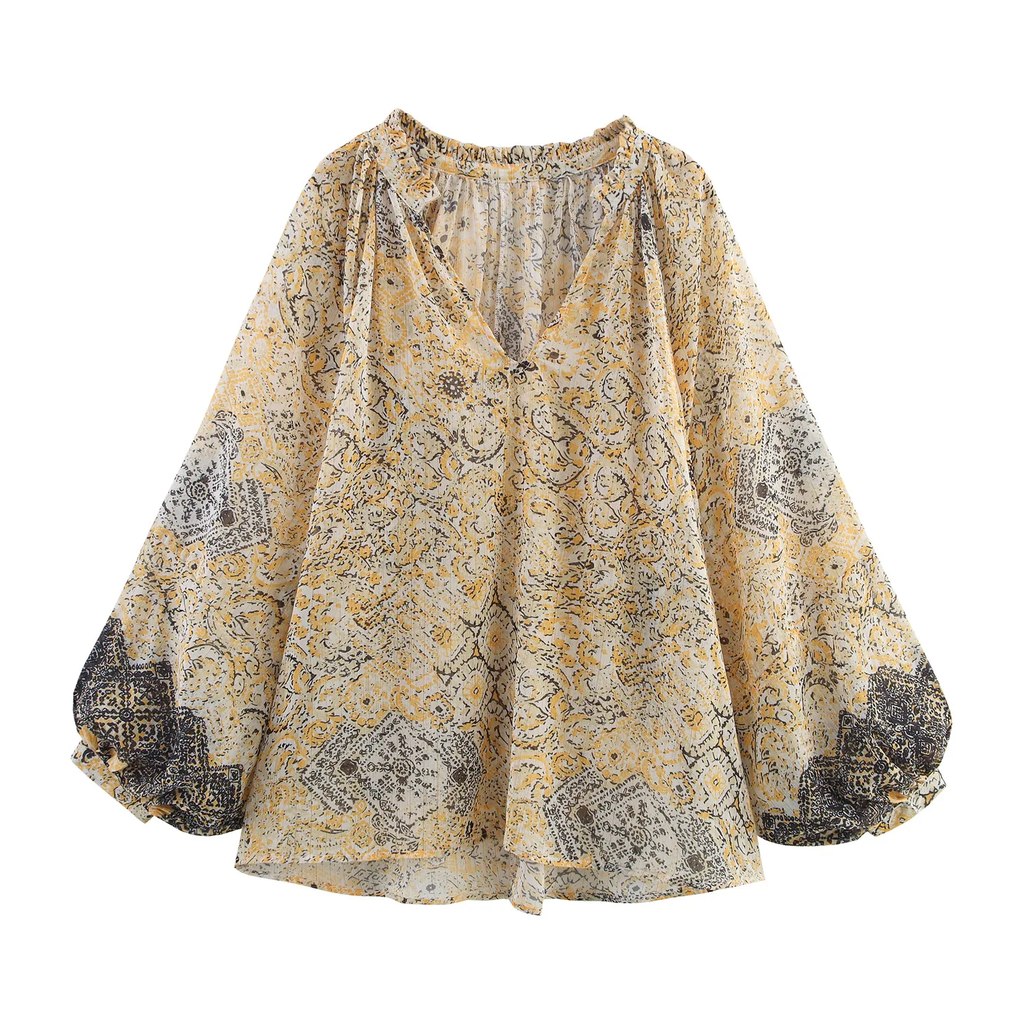 

Women's Metallic Thread Printed Shirt Printed Skirt Print Long Sleeve Blouse And Maxi Skirt Two Piece Set With Drawstring P6N1