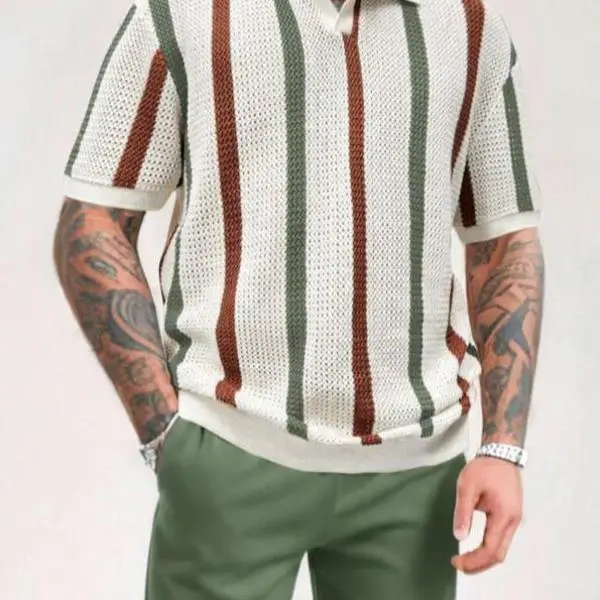 

Hollow Knit ort Sve irt Men's CleanFit Waist Cinched PU Leather Nine-Quarter Sve Ne 3D Effect Pattern