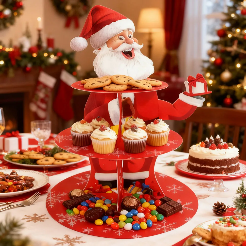 3-layer Santa Claus Christmas cupcake standMerry Christmas cardboard dessert tower used for Christmas holidays winter parties