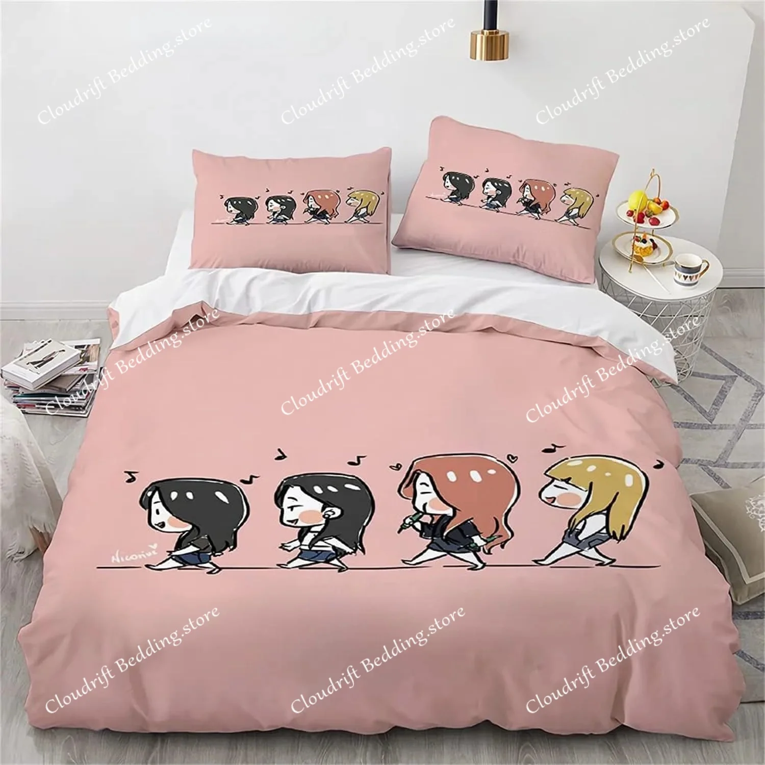 

Pink bedding set, girls' group cartoon down duvet cover, adult and children's 3D printing, 100% ultra-fine fiber, soft and fluff