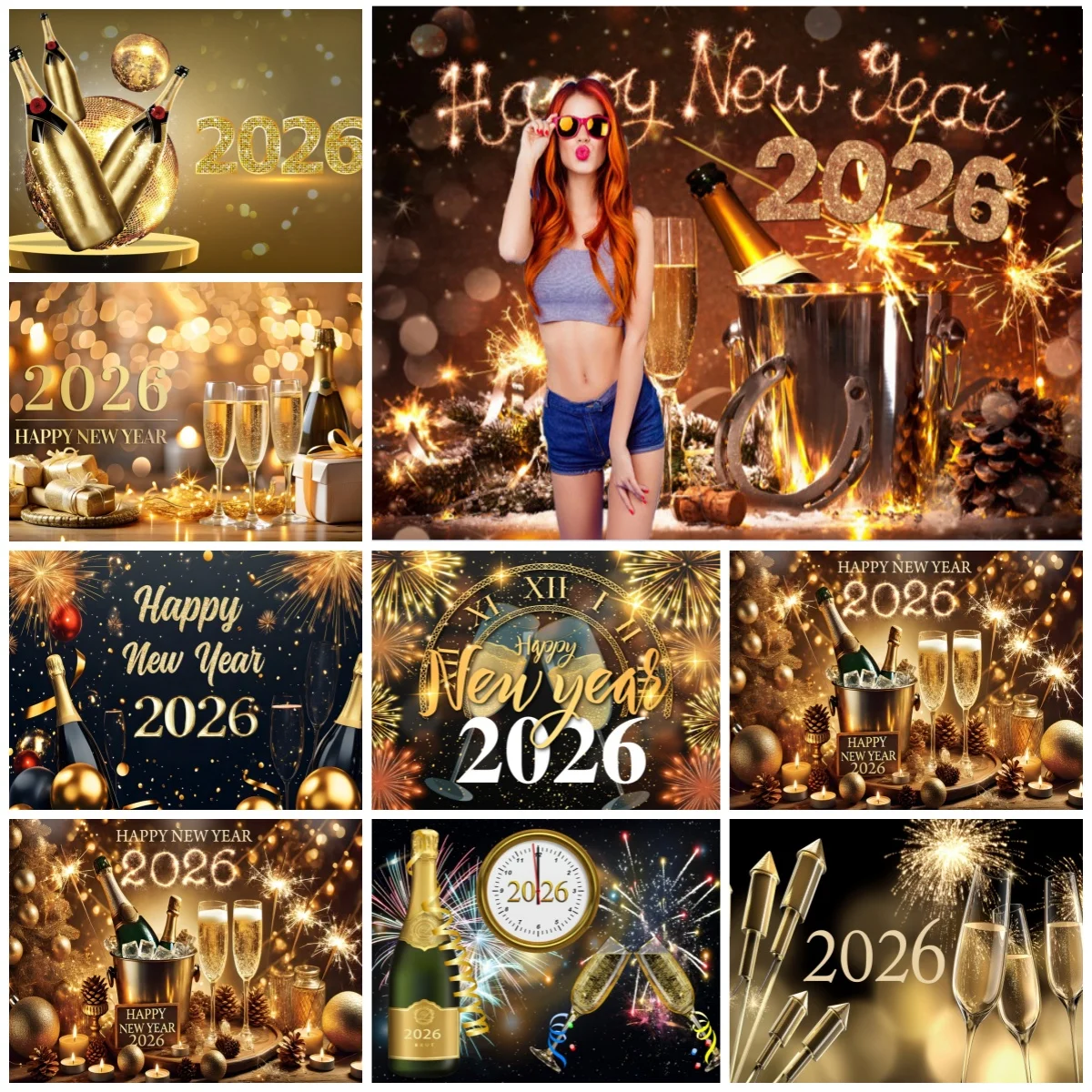

2026 Happy New Year Backgrounds For Photographs Champagne New Year Clock Firework Girls Party Decorations Photography Backdrop