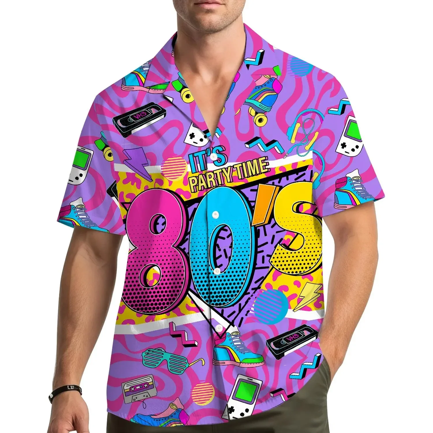 2026 American Retro 80 Party Theme Cartoon Elements Men's Disco Vacation Loose Trendy Shirt