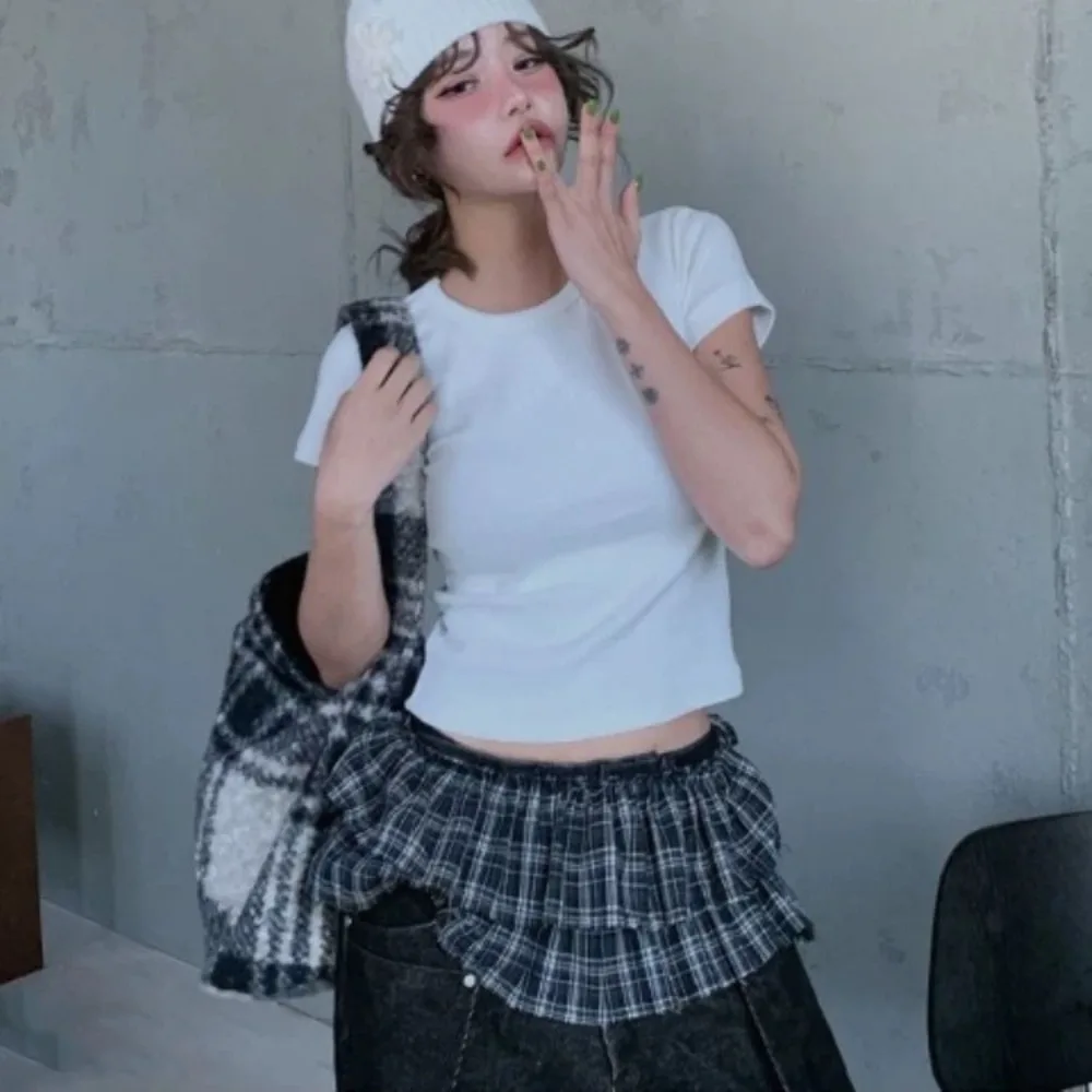 

Hip-hop Layer Outfits Plaid Skirt Sweet Y2K Lace Up Hip Scarf Shirt Extender Korean Style Ruffled Edge Waistband Jeans Decor