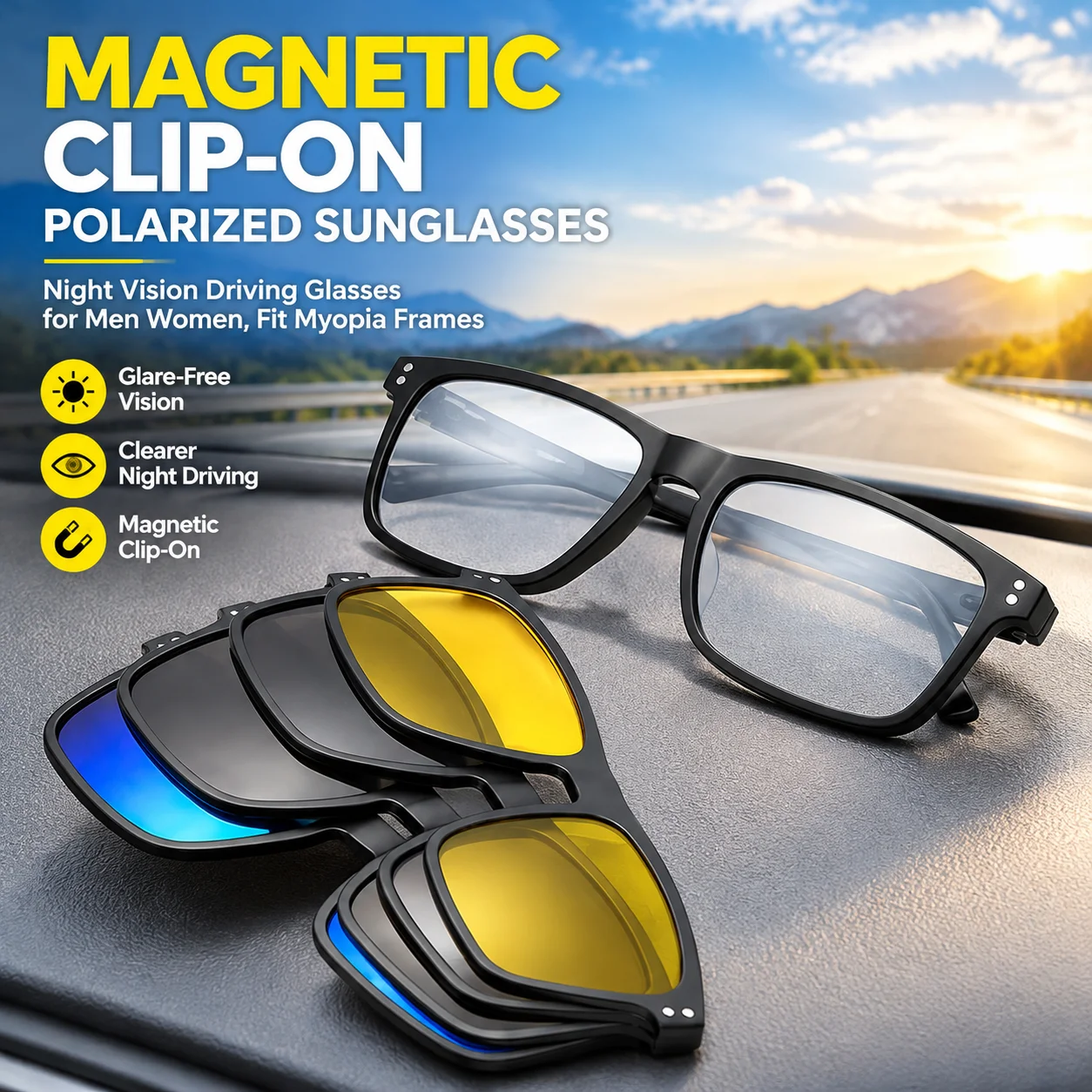 Magnetic Clip-On Polarized Sunglasses, Night Vision Driving Glasses for Men Women, Fit Myopia Frames