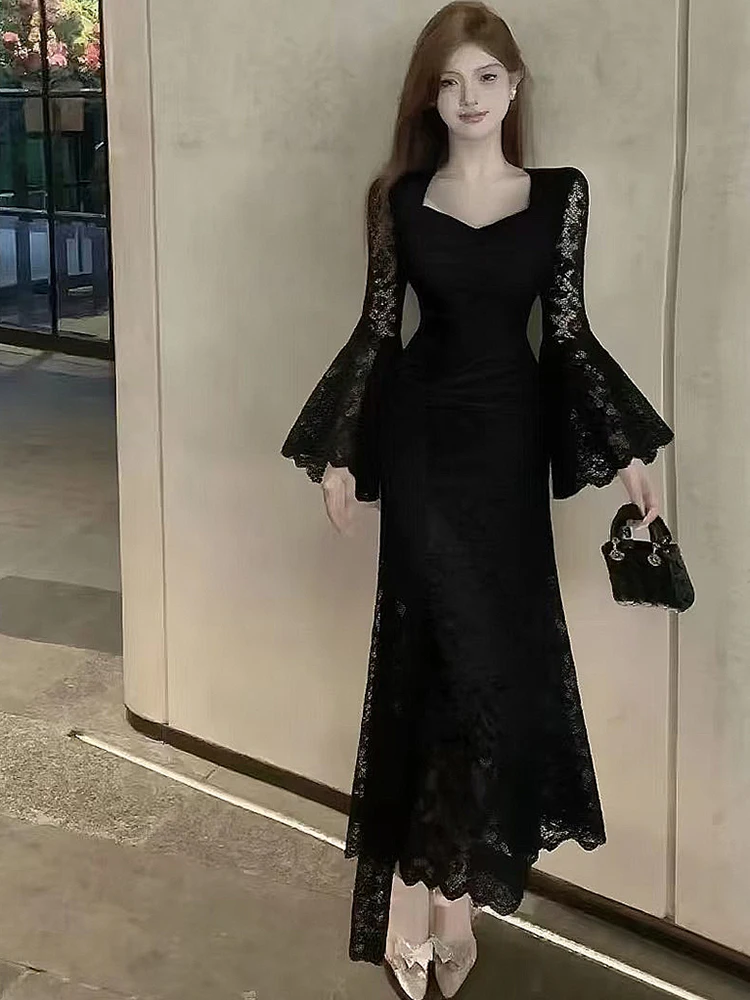 

2025 Black Lace Flare Sleeve Square Collar Maxi Dress Women Korean Vintage Luxury Evening Dress Autumn Elegant Bodycon Vestidos