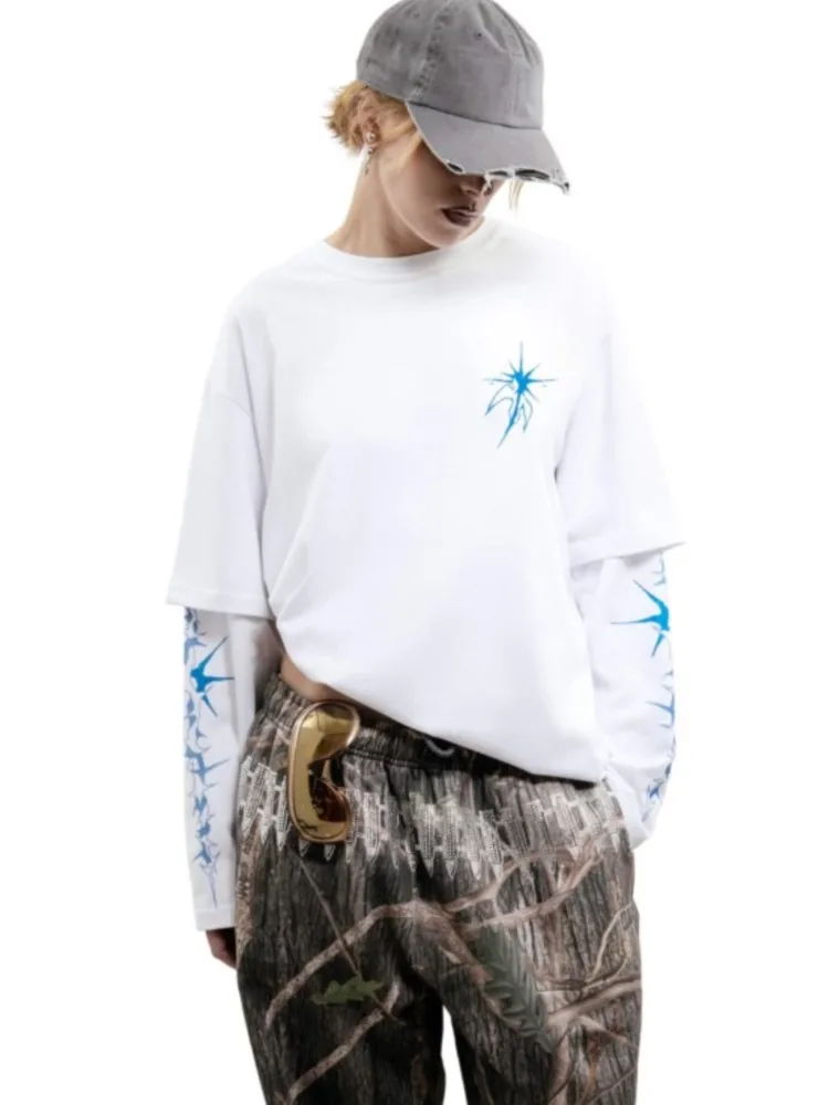 

Korean Long Sleeve Y2k Top Oversized Women Clothing Streetwear Bright Side Print Autumn Hip Hop Graphic Cotton Fake Two T-shirts