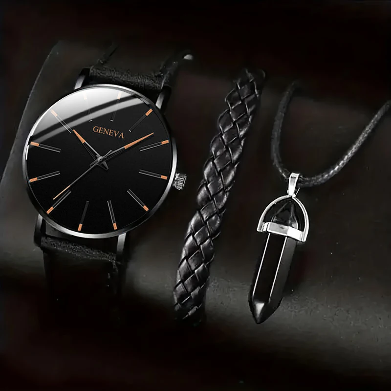 3pcs/set New Men's Casual PU Leather Quartz Watch+Weaving Bracelet+necklace,  Electronic Movement,Men's Watch Set