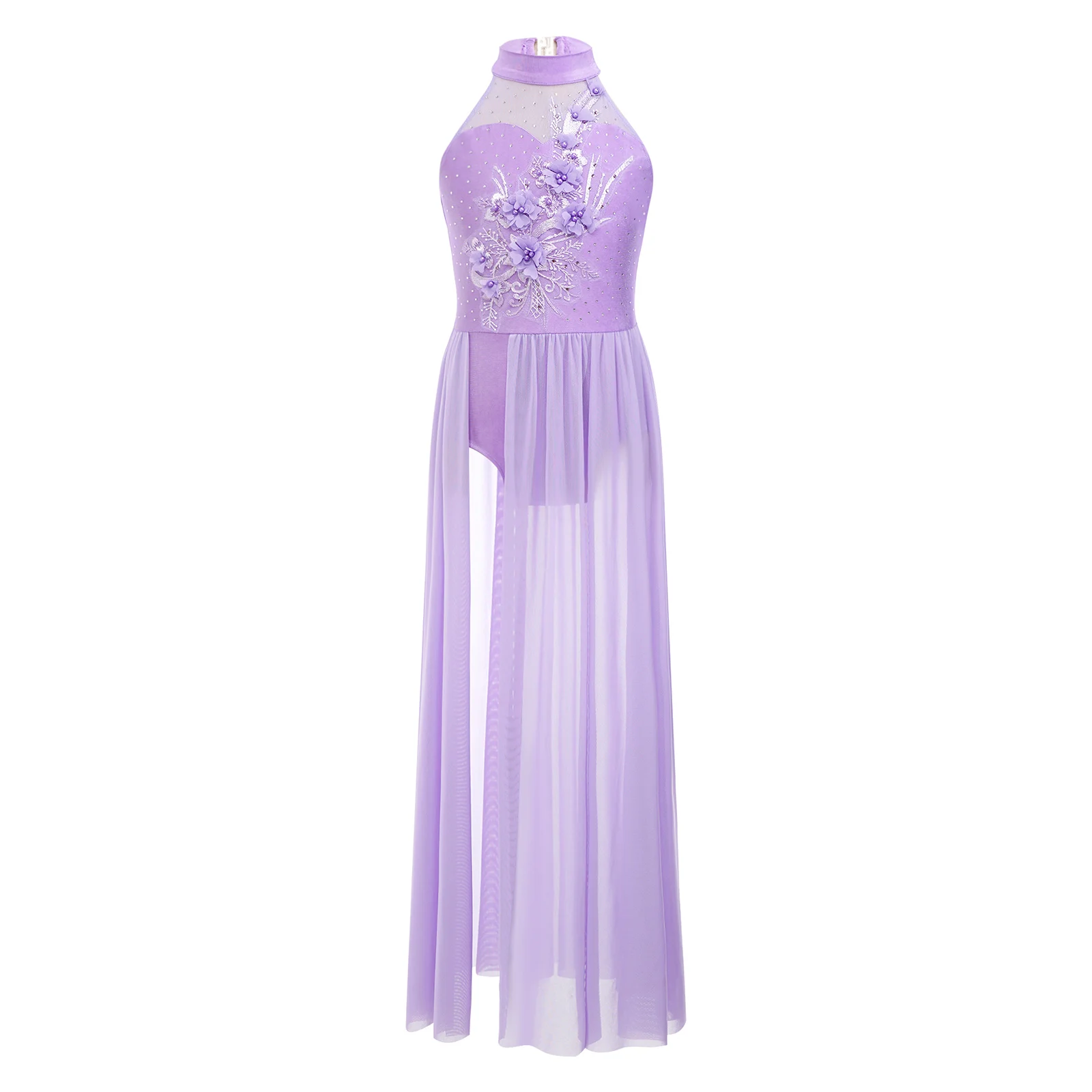 Girls Lyrical Ballet Dance Leotard Dress Sleeveless Keyhole Back Applique Bodice Split Mesh Hem Maxi Dress Kids Modern Dancewear