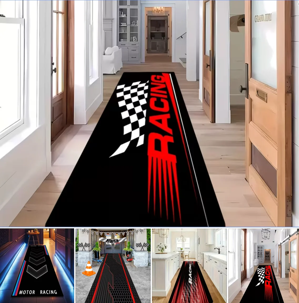 Hallway Runner Rug Racing Flag Theme Carpet Non-Slip Soft Easy To Clean Durable Car Modern Dynamic Decor Area Home Decor Mat