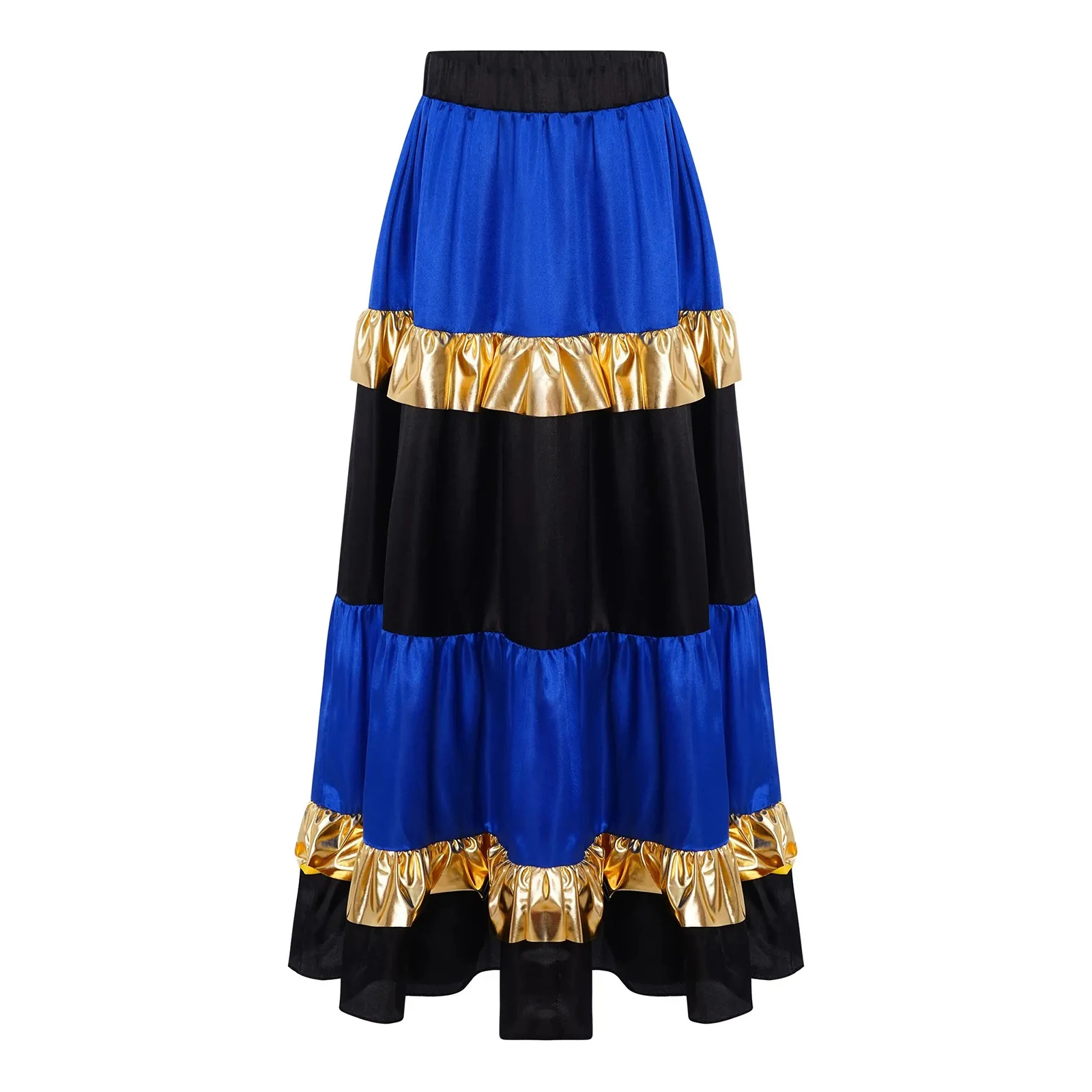 Gonna da ballo flamenco valzer per bambina, gonna maxi altalena grande satinata con volant a strati, colore a contrasto lucido metallizzato per la danza spagnola