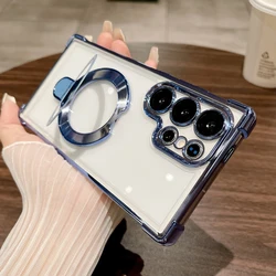 Ring Stand Holder Magnetic Clear Phone Case For Samsung S25 Note 20 S24 Ultra S23 FE S22 Plus Luxury Plated Transparent Cover