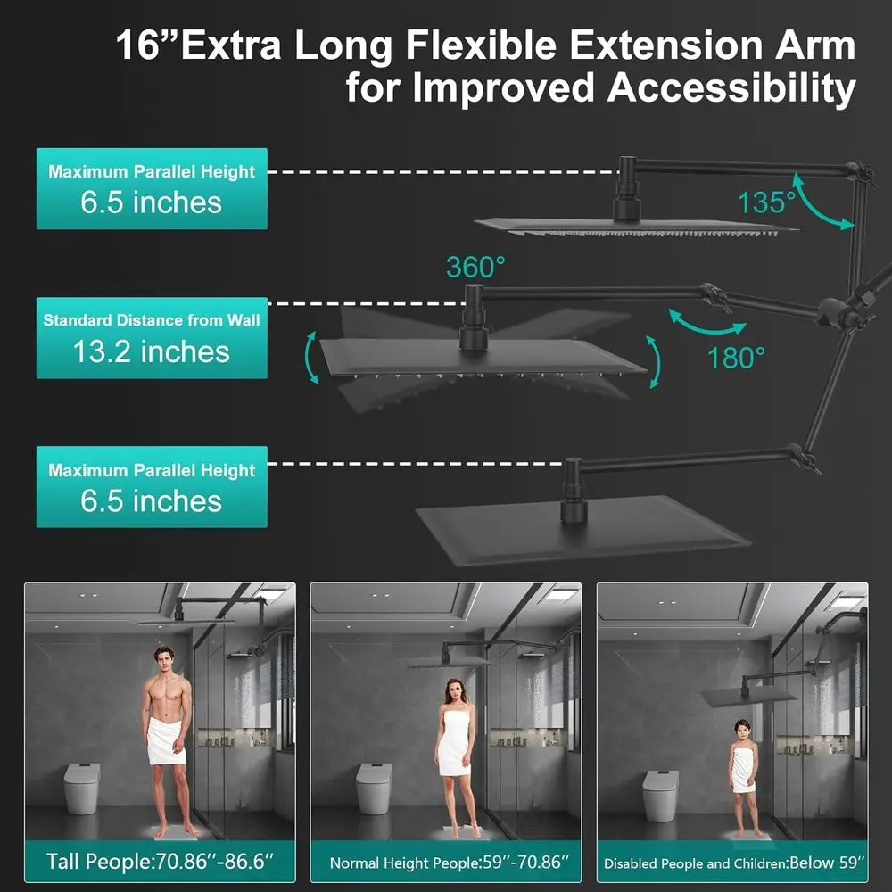 Combo de Chuveiro Preto Fosco 12: Cabeça de Chuveiro de Alta Pressão com Braço Extensível de 16 Polegadas e Divisor de 3 Vias