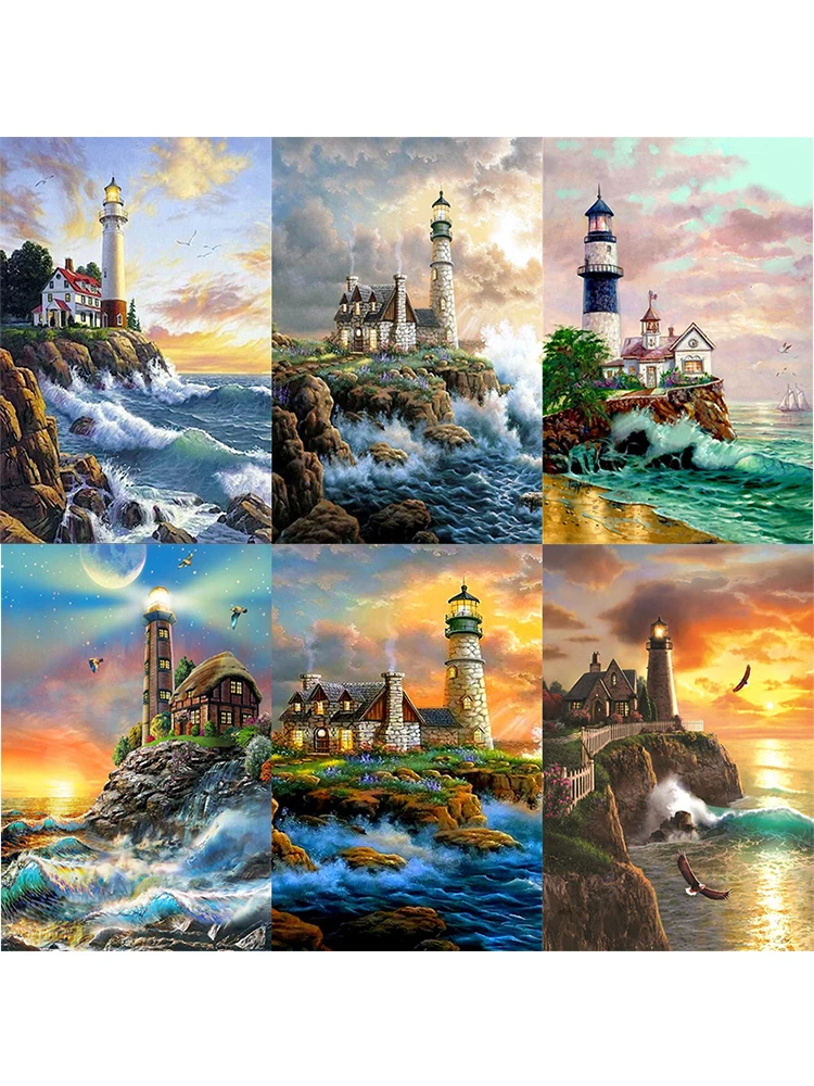 5D Diamond Painting Lighthouse Sunset Craft Kit Handmade Gift Diamond Embroidery Landscape Art Rhinestone Sailboat Home Decor