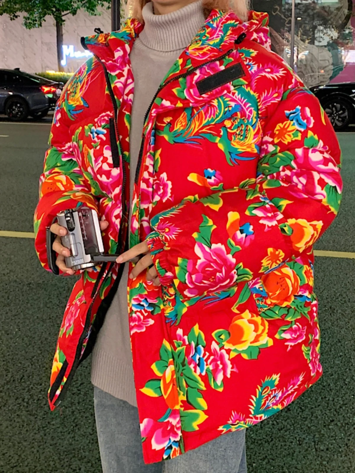 

Thiened Winter Cotton Jaet for Couples Warm Sli Northeast China Red Floral Pattern Hooded Zipper Closure Youth Casual...