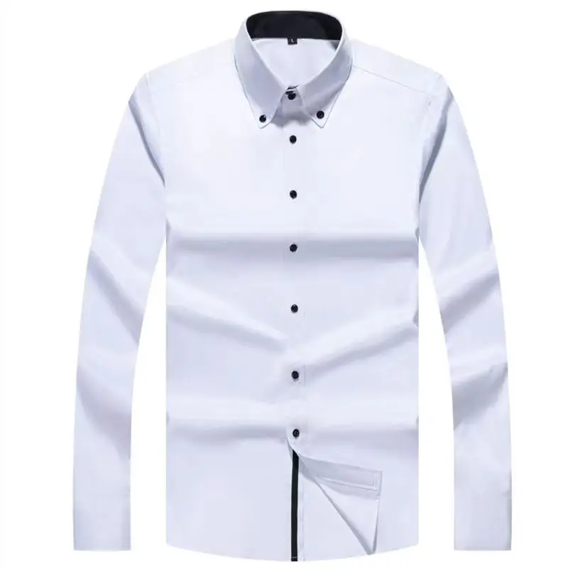 Men\'s Slim Fit Dress Shirts with Drill Buckle Turtleneck, Long Sleeves White Shirts, Male Fashion Casual Office Business Shirts